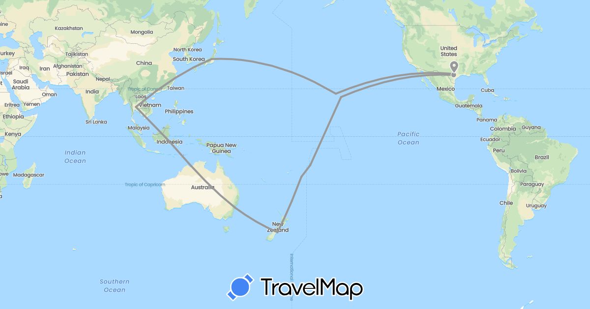 TravelMap itinerary: plane in Australia, Indonesia, Japan, New Zealand, Thailand, Tonga, United States (Asia, North America, Oceania)